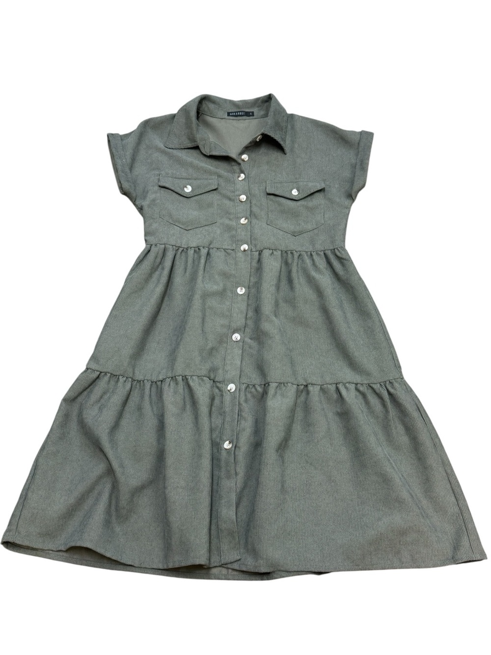 Mikarose Green Tiered Shirt Dress Button Front Short Sleeve Modest Size S